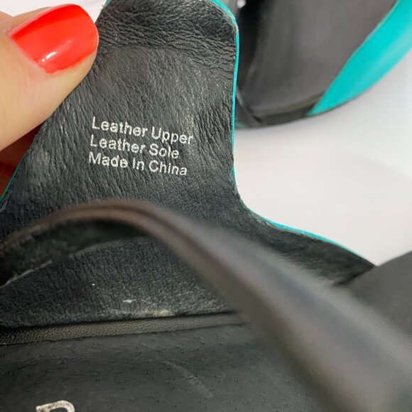 L.A.M.B. Bambi Pumps Teal Black Leather Heels 6.5 Ankle Strap - Picture 9 of 11